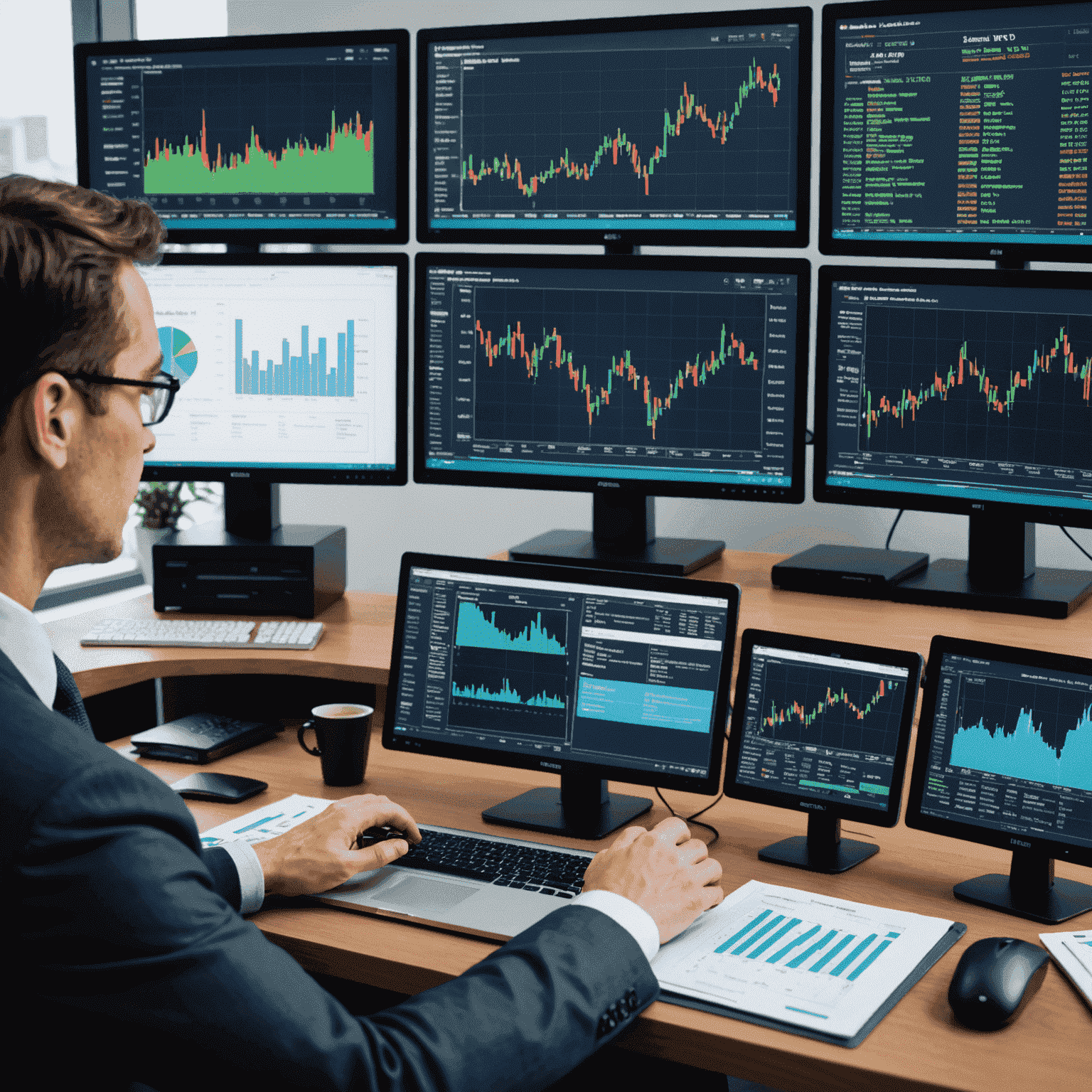 A professional financial analyst examining multiple screens displaying various charts, graphs, and financial data. The analyst is using advanced software to analyze investment trends and opportunities.
