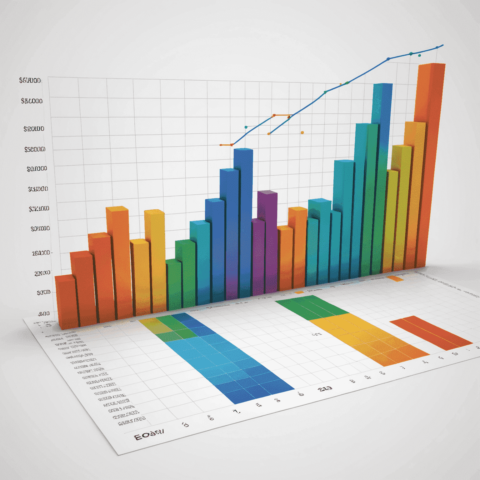 A sophisticated 3D graph showing multiple financial projections with different colored lines representing various economic scenarios. The graph is set against a clean, white background with subtle grid lines.