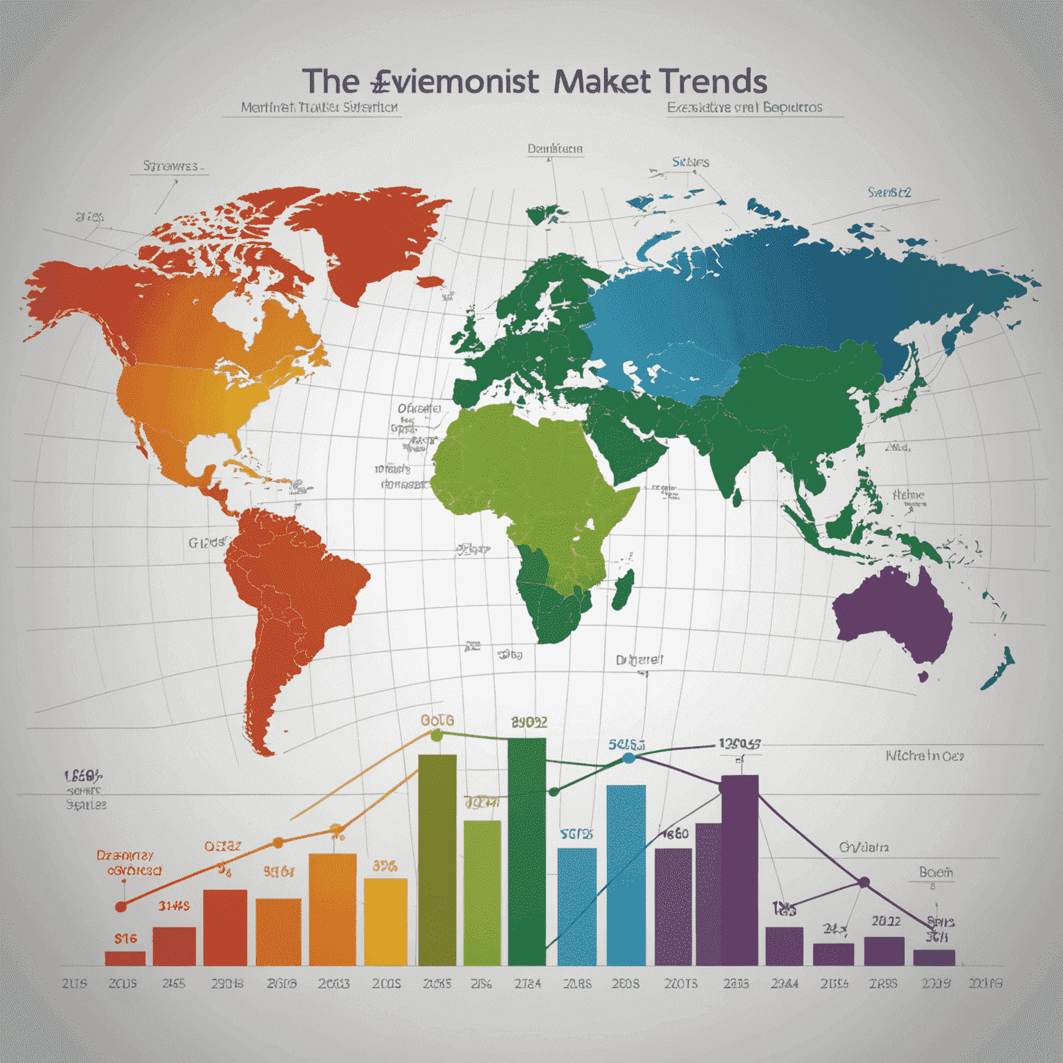 Graph showing various market trends with lines in different colors representing different sectors. The graph is overlaid on a world map to indicate global market trends.
