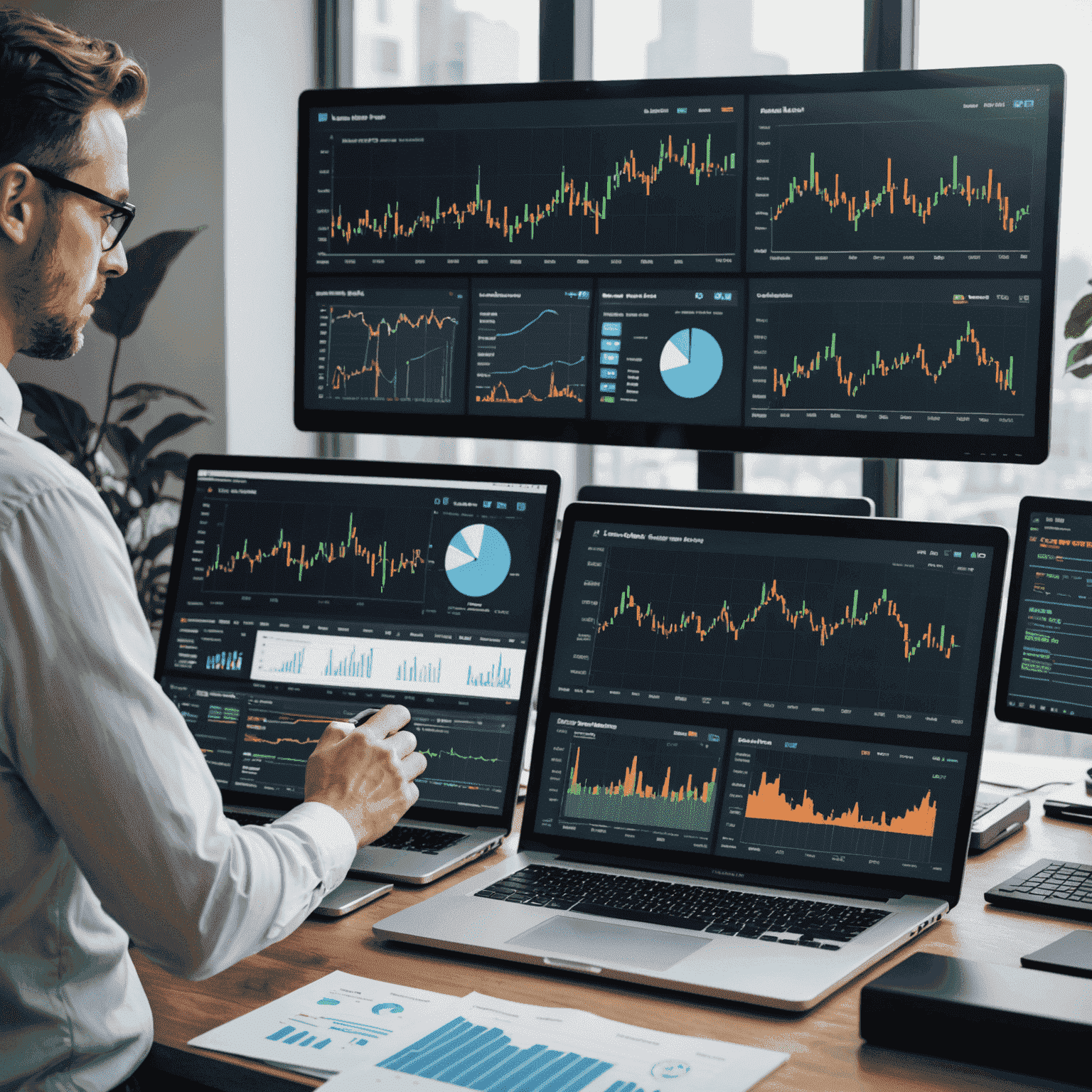 Financial consultant analyzing data on multiple screens, showcasing various charts and graphs related to investment portfolios and market trends