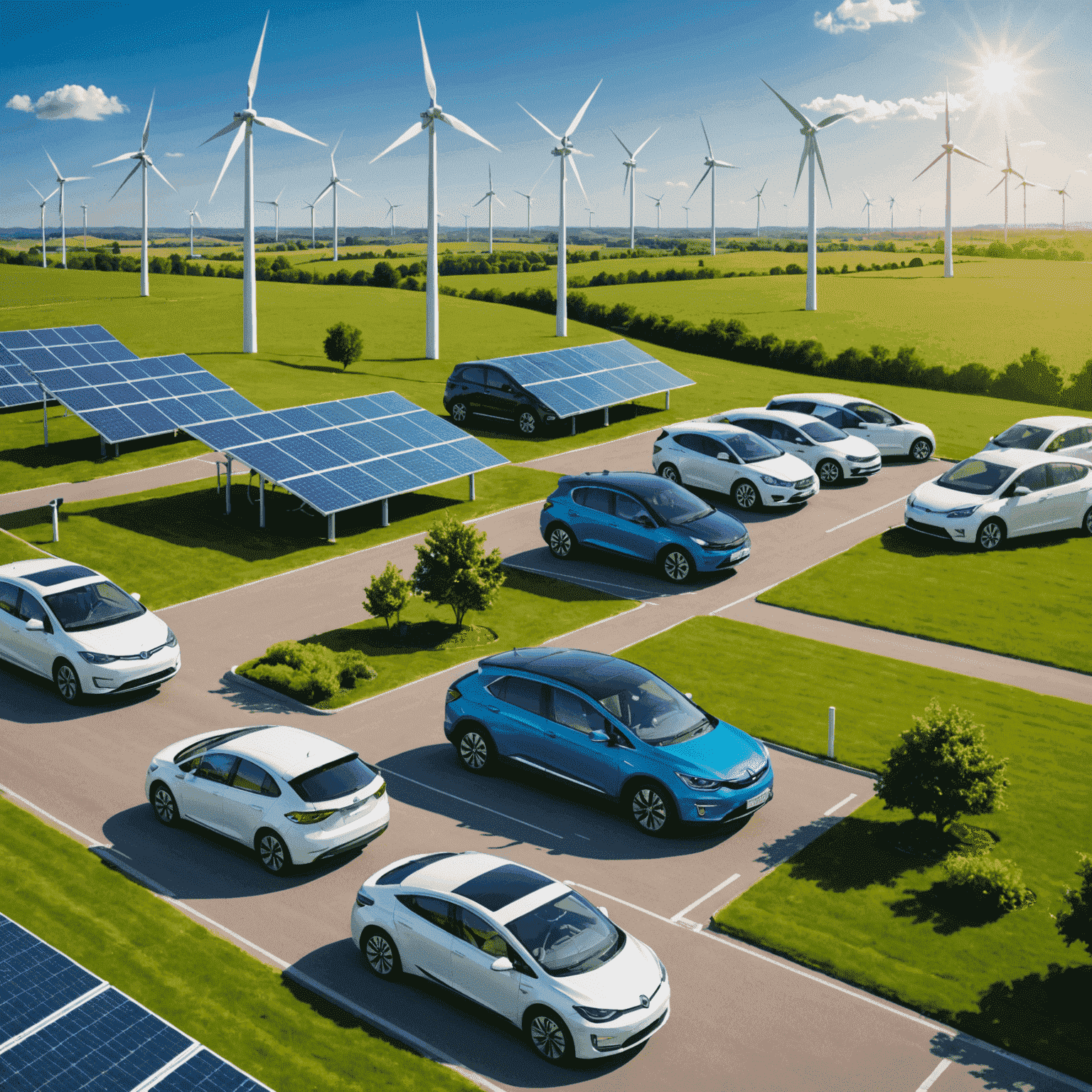 A collage of renewable energy sources including solar panels, wind turbines, and electric vehicles, symbolizing the growth and potential in the green energy sector