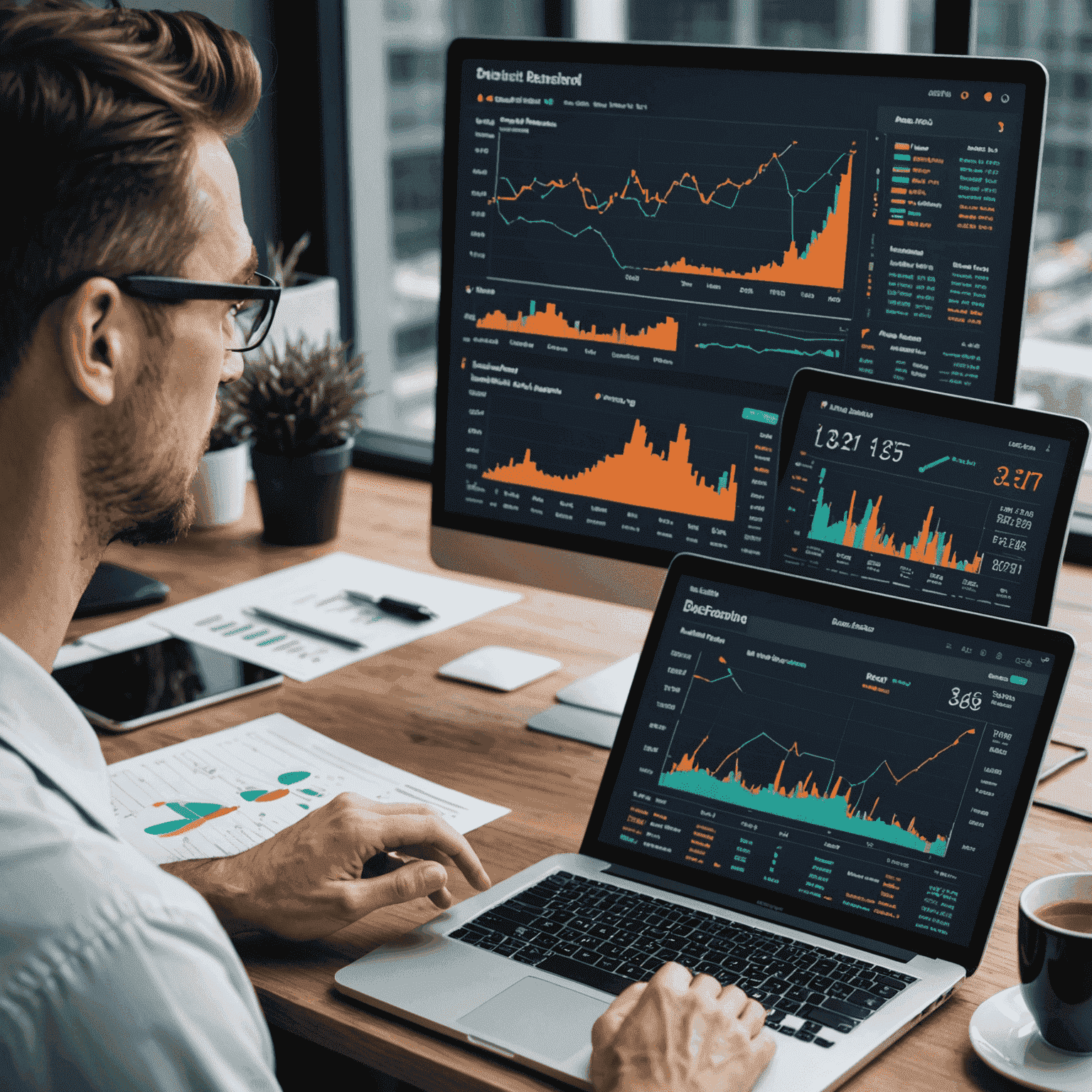 A futuristic dashboard with multiple charts and predictive models, showcasing advanced financial forecasting techniques and economic scenario planning.