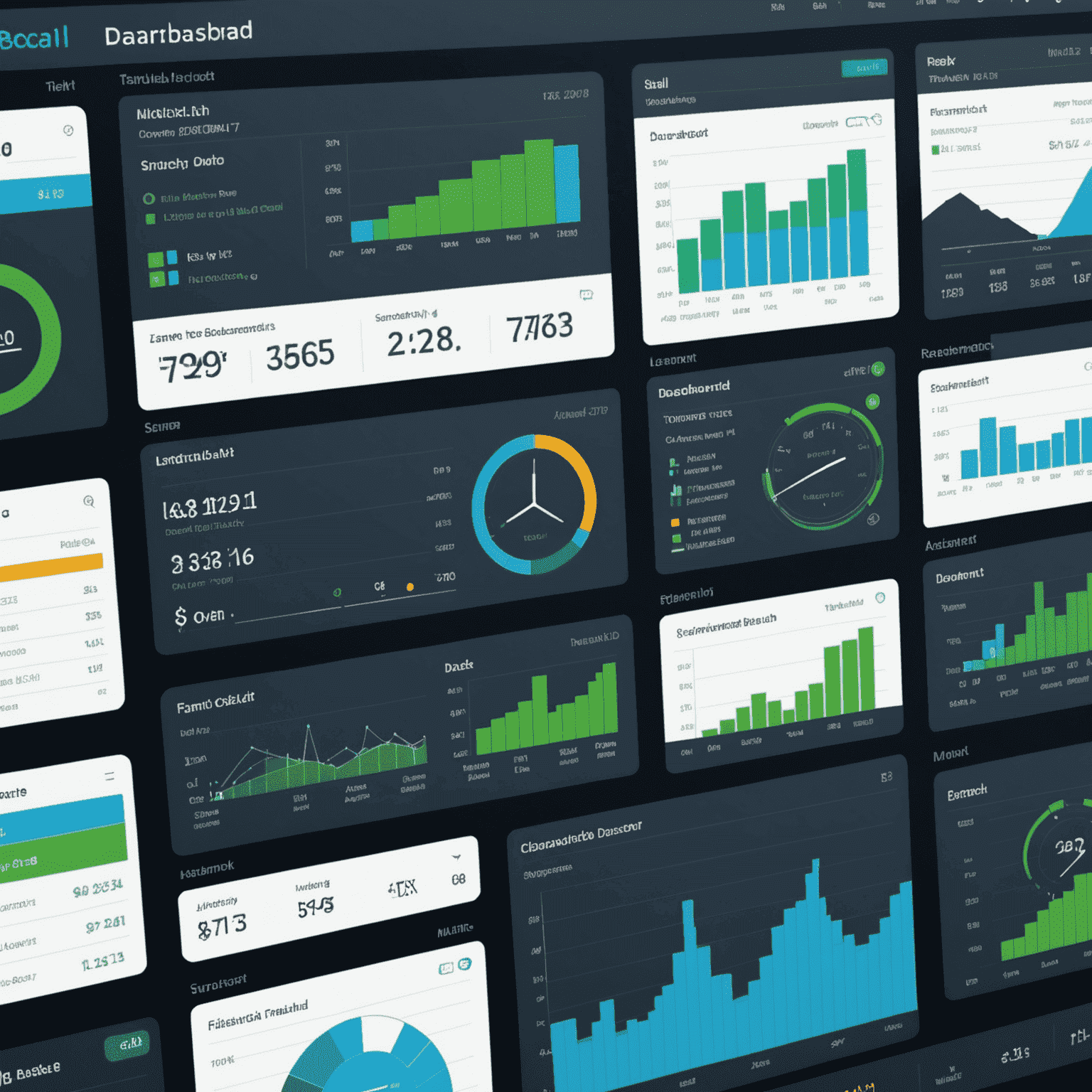A sleek dashboard interface showing multiple financial forecasts with interactive charts, risk assessments, and scenario comparisons. The design is clean and modern, with a color scheme of blue, green, and white.