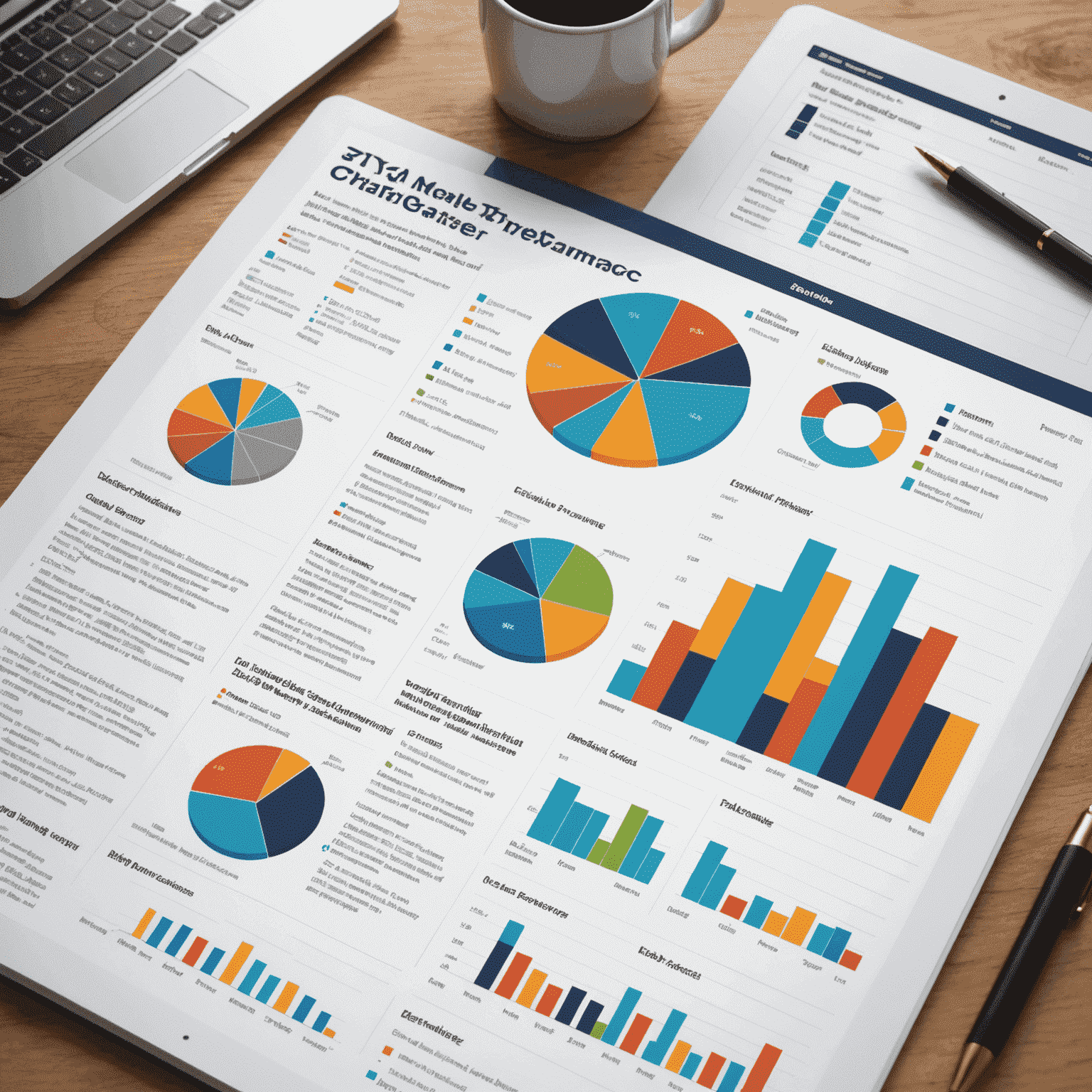 A sample page from a market trend report showing charts, tables, and analysis of tech sector performance over the last quarter, with highlighted sections for key takeaways and future projections.