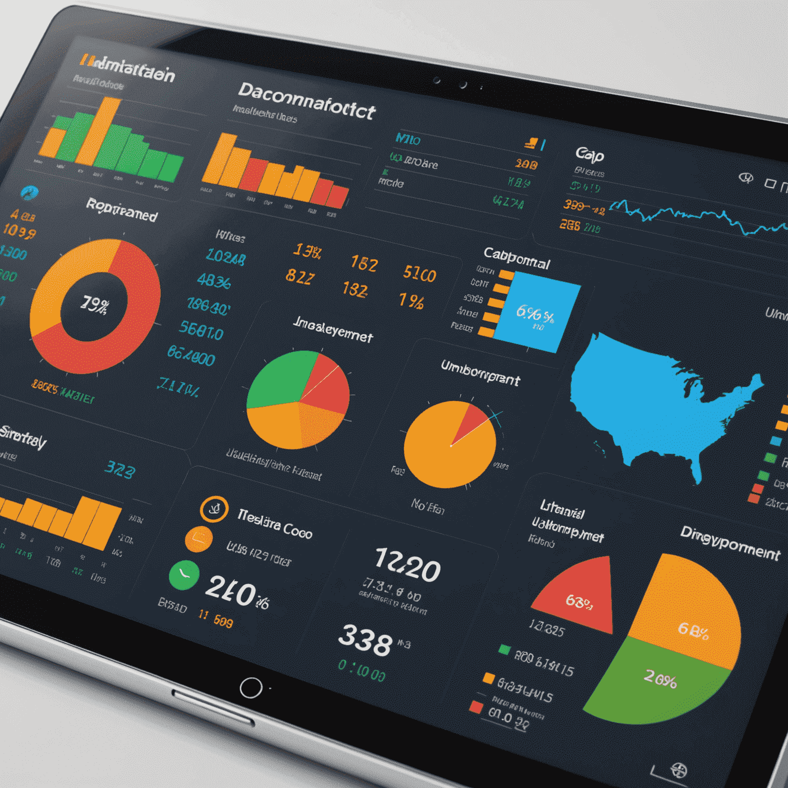 A dashboard displaying various economic indicators such as GDP, inflation rate, and unemployment figures, with minimalist icons and color-coded status indicators.