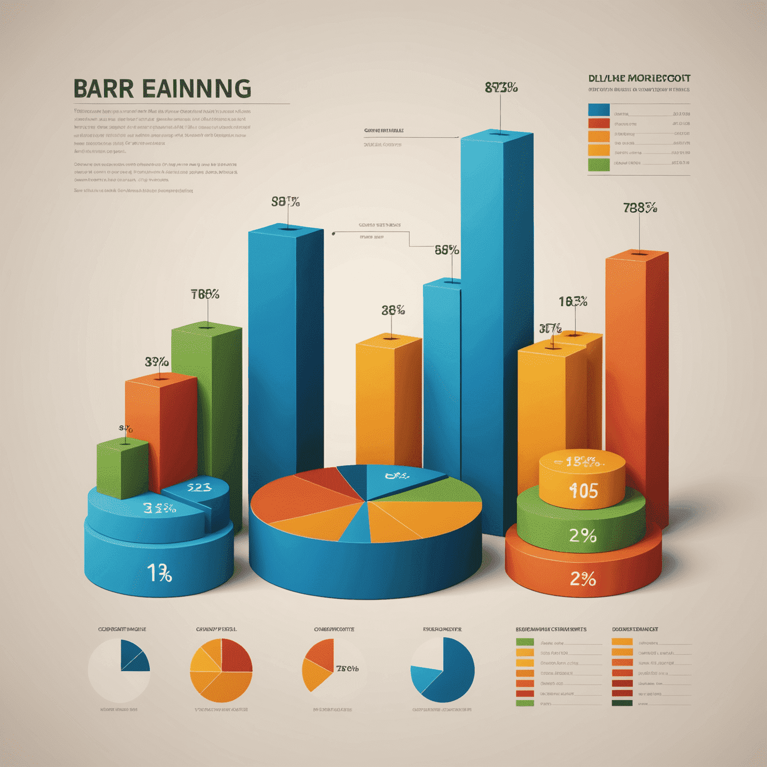 A series of bar charts and pie graphs representing corporate earnings, with company logos and financial performance metrics clearly displayed.