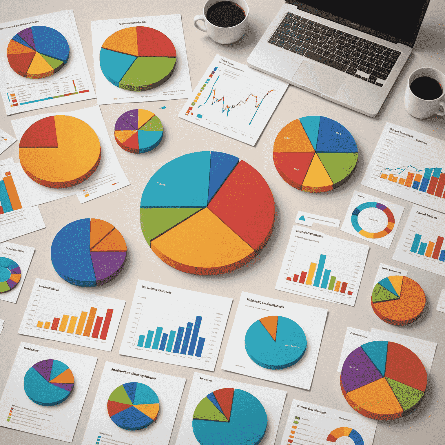 A collection of colorful line graphs and pie charts showing various market sectors and economic indicators, representing comprehensive market trend analysis.
