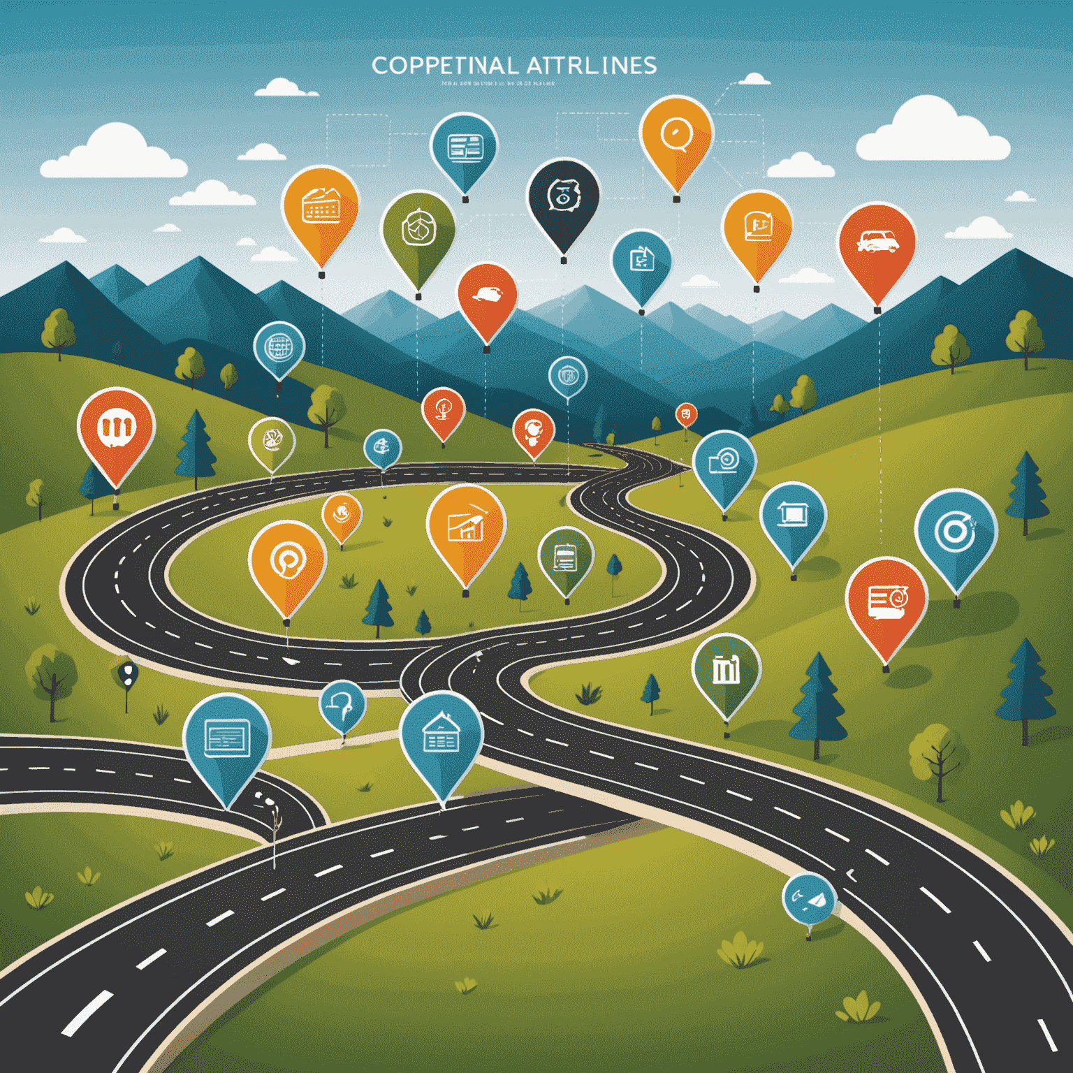 Illustration of a roadmap or timeline showing financial goals and milestones, with icons representing different business objectives along the path