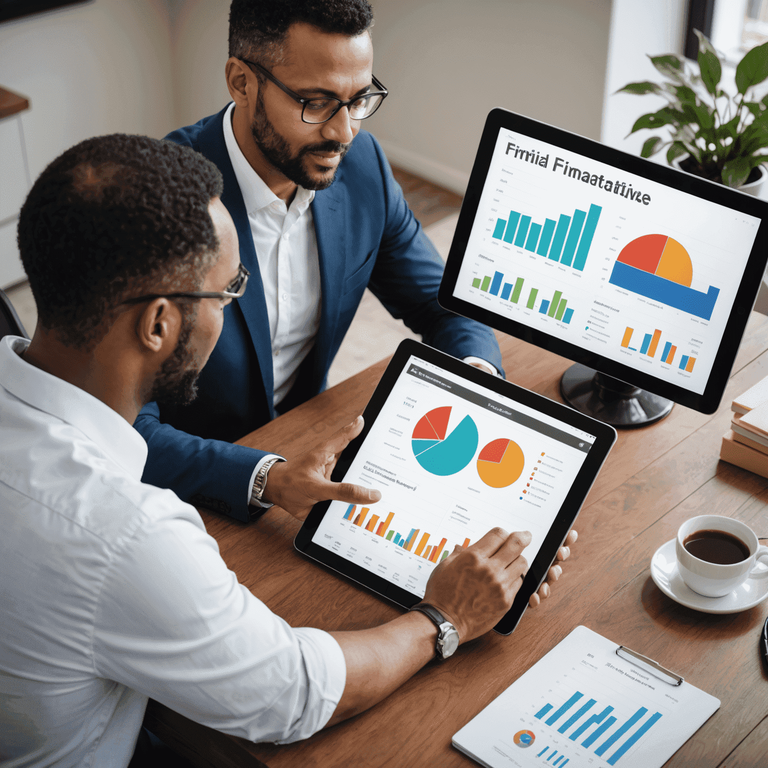 A professional financial advisor sitting with a client, reviewing personalized financial strategies on a tablet, surrounded by charts and graphs.